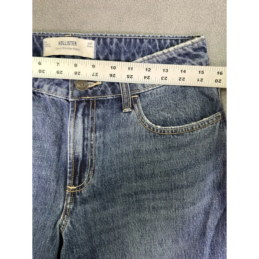 Hollister Jeans Womens 4 Short Blue Medium Wash Curvy Mid Rise Baggy Wide Leg